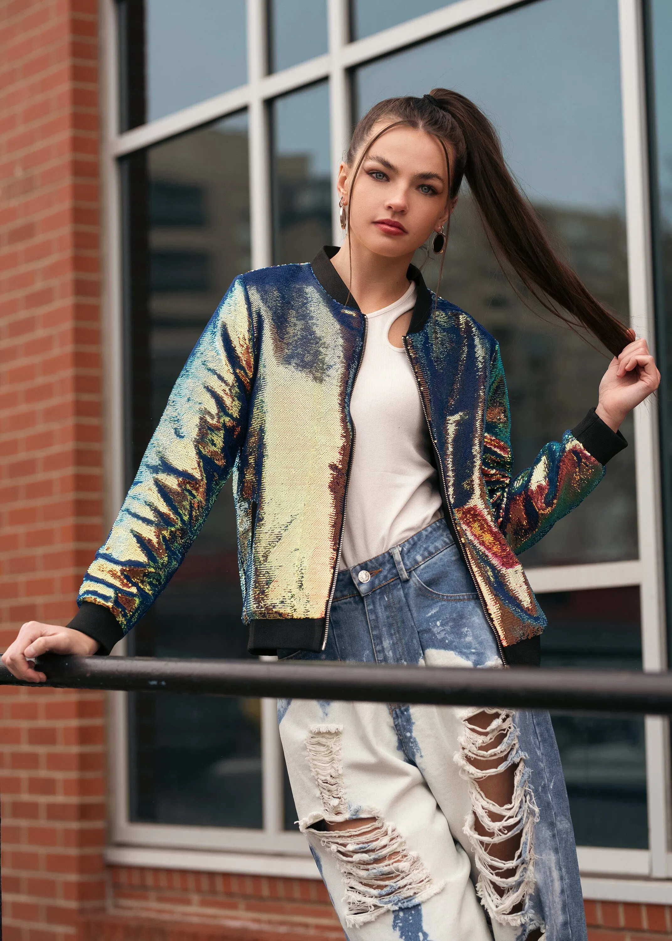 Iridescent Sequin Bomber