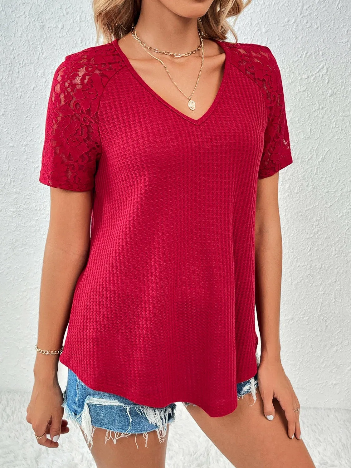 Ivy Lane Lace Detail V-Neck Short Sleeve T-Shirt