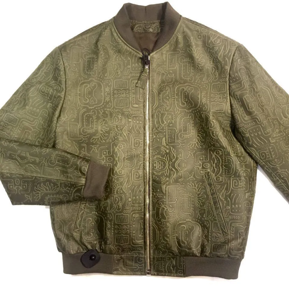 Jakewood Money Green Embossed Leather Bomber Jacket