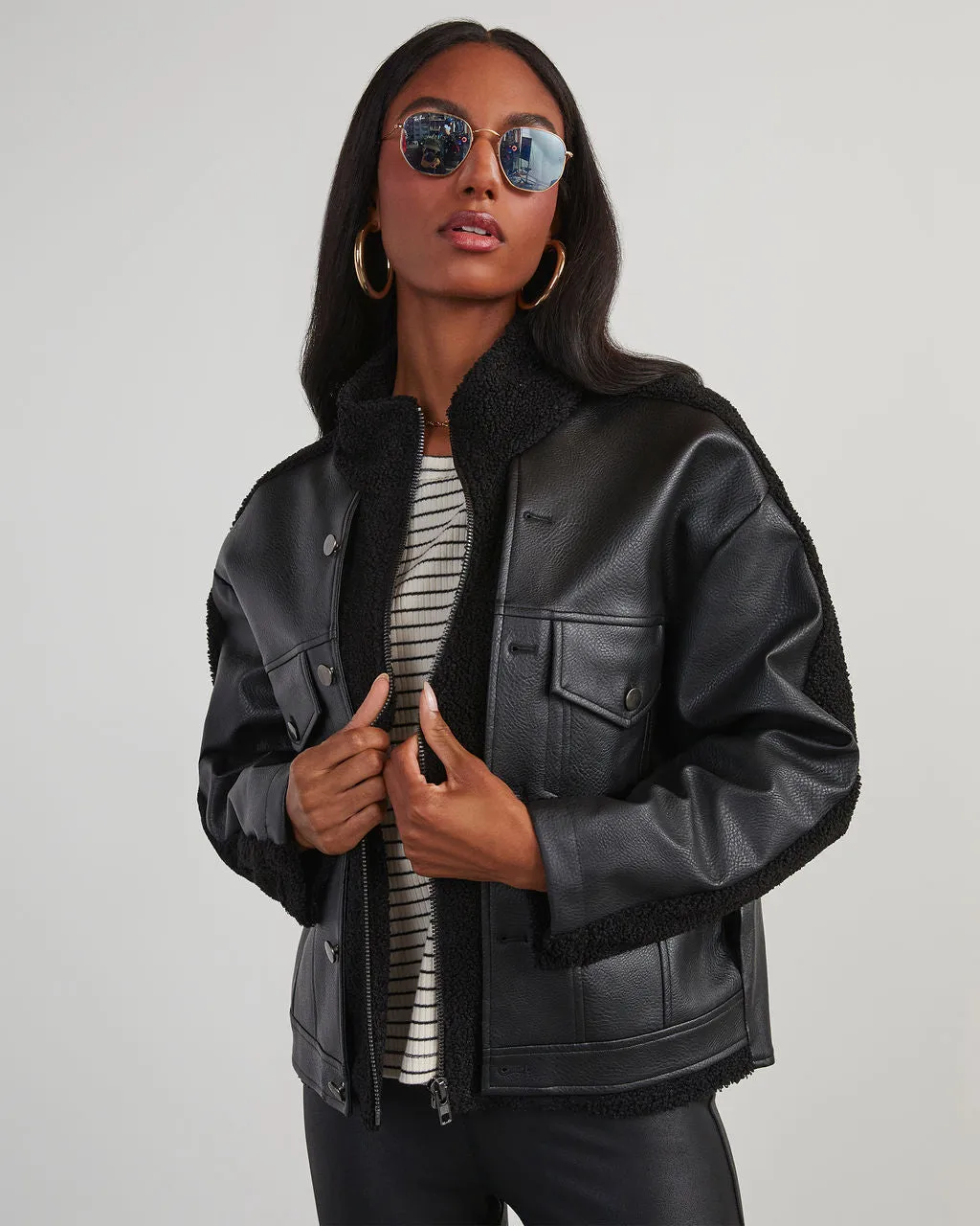 Jarrett Faux Leather Sherpa Contrast Jacket