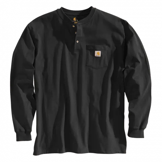 K128 - Loose fit heavyweight long-sleeve pocket Henley t-shirt - Black