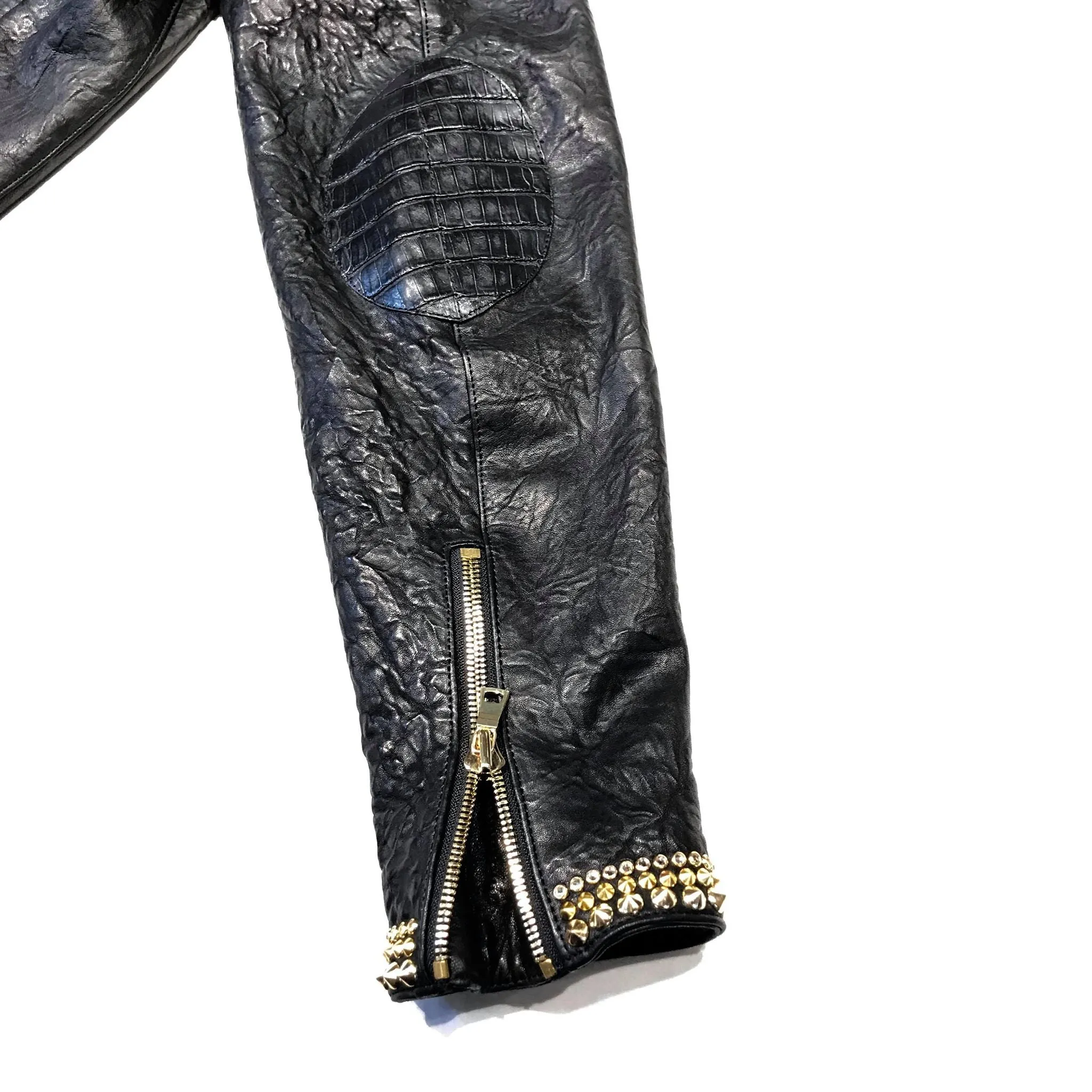 Kashani Alligator Studded Swarovski Lambskin Bomber Jacket