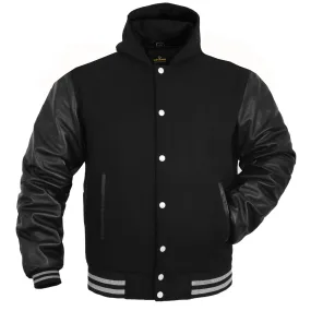 Kids Varsity Hoodie Wool Leather All Black(Grey Line)