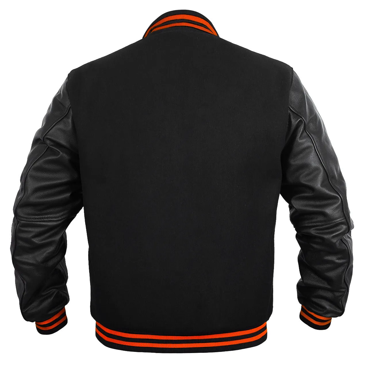 Kids Varsity Jacket Genuine Leather Sleeve and Wool Blend Letterman Boys College/School Varsity Jackets All Black(Orange Line)