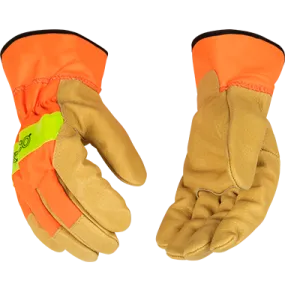 Kinco 1918 Hi-vis Nylon Fabric Back Safety Cuff Grain Pigskin Palm Gloves (One Dozen)