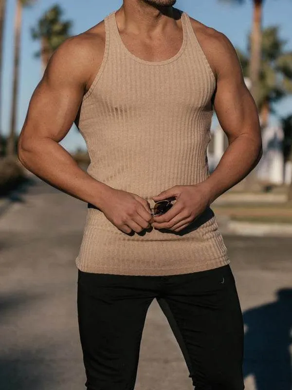 Knitted Vertical Stripes Fitness Sports Slim Vest Men's Racerback Vest