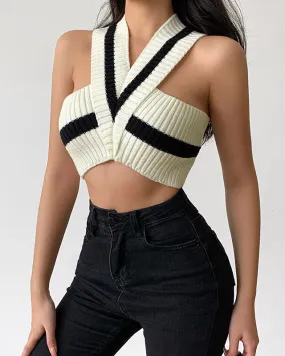 Knitted Vest Striped Sleeveless V-Neck Halter Top