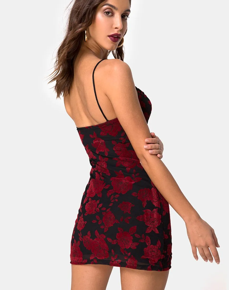 Kumin Bodycon Dress in Romantic Red Rose Flock