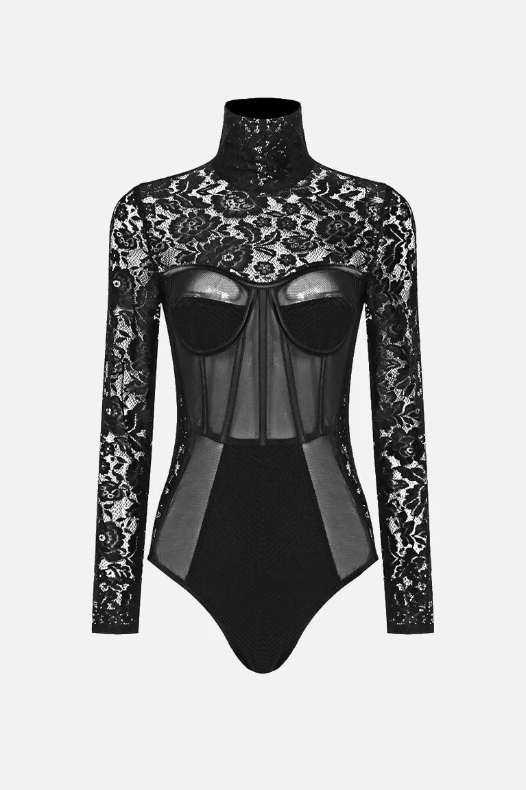 Lace High Neck Long Sleeve Bodysuit