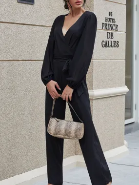 Lace-Up V-Neck High Waist Slim Straight-Leg Jumpsuit