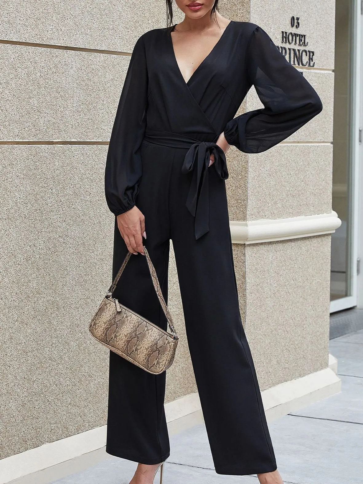 Lace-Up V-Neck High Waist Slim Straight-Leg Jumpsuit