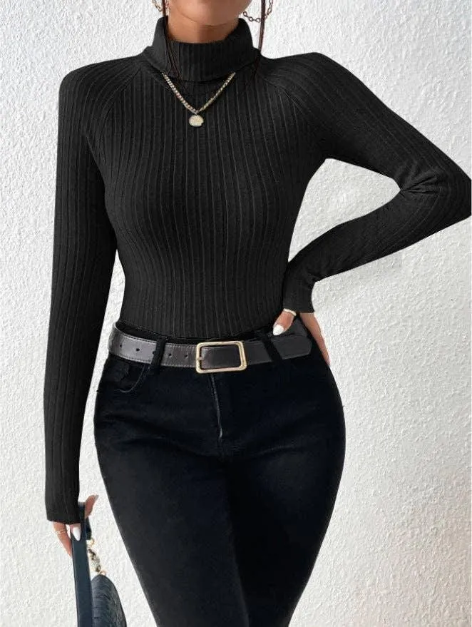 Ladies Solid High Collar Tight Long Sleeves Top G1030