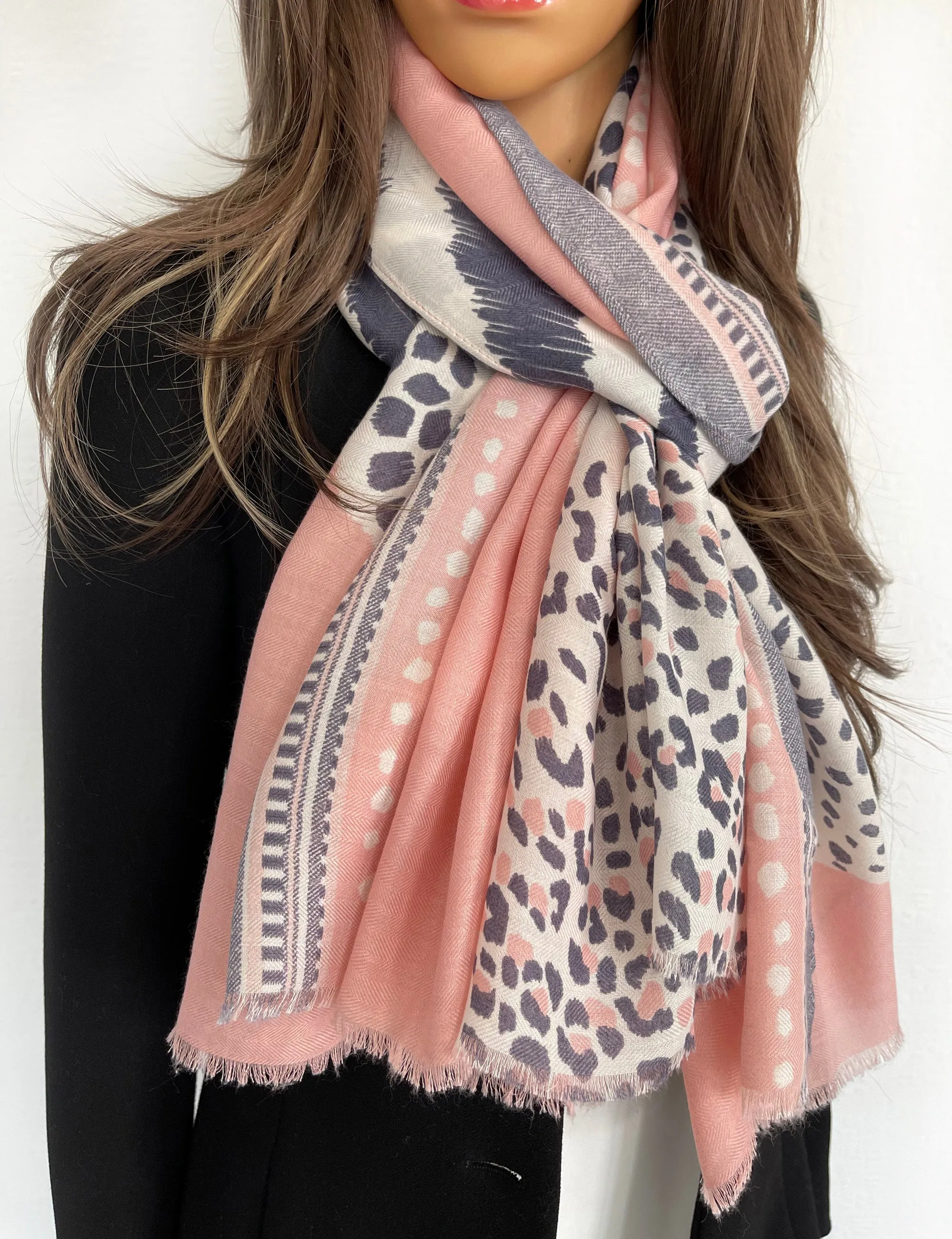 LARGE BLUSH PINK TIGER AND LEOPARD PRINT SHAWL SCARF