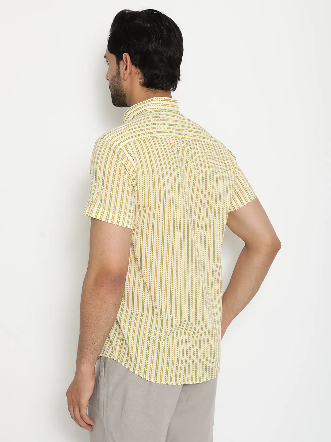 Light yellow Short Sleeve Cotton Hand Block Printed Men’s Shirt