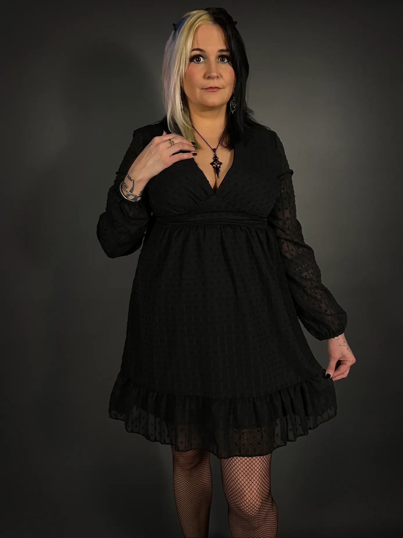 Long Sheer Sleeve Deep V Neck Swiss Dot Lined Dress in Black