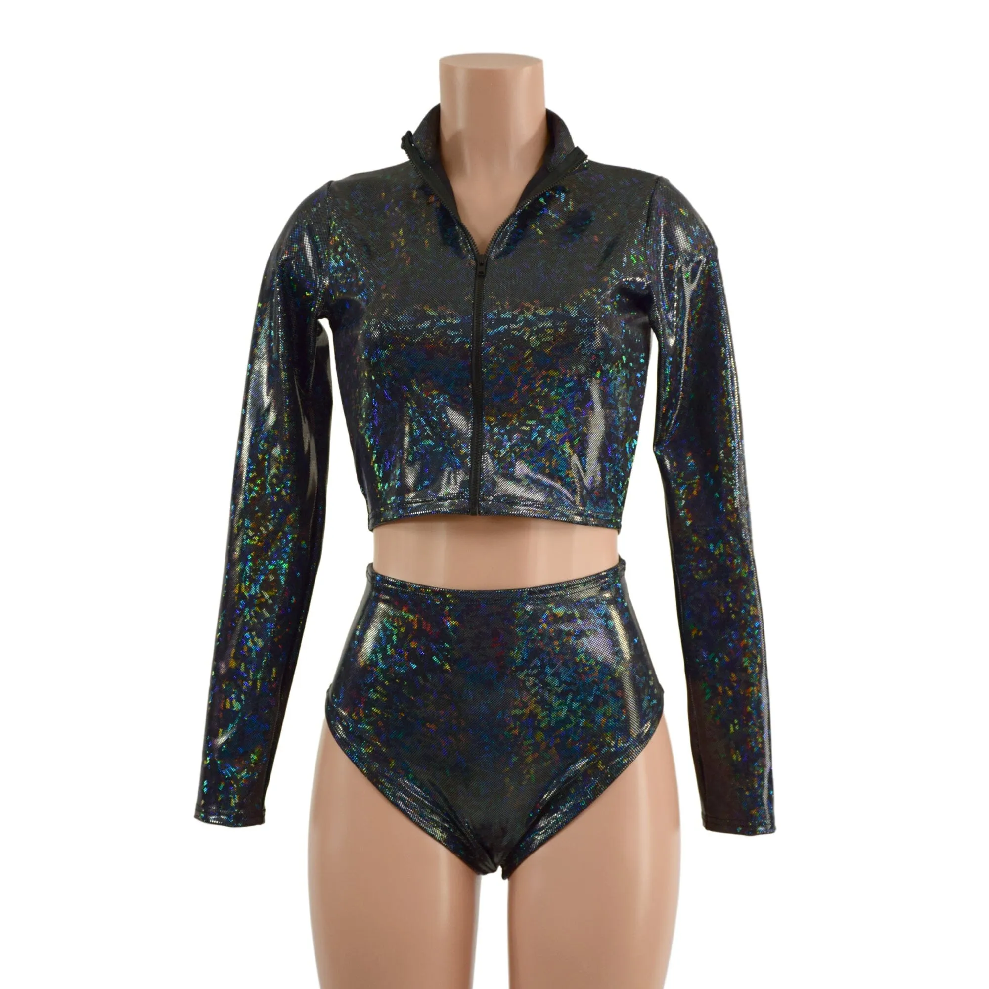 Long Sleeve Zipper Crop Top and Brazilian Shorts Set