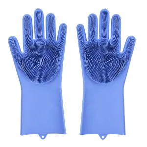 Magic Dish washing Gloves with scrubber, Silicone Cleaning Reusable Scrub Gloves for Wash Dish,Kitchen, Bathroom(Blue,1 Pair: Right   Left Hand)