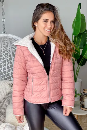 Mauve and Faux Sherpa Reversible Puffer Jacket