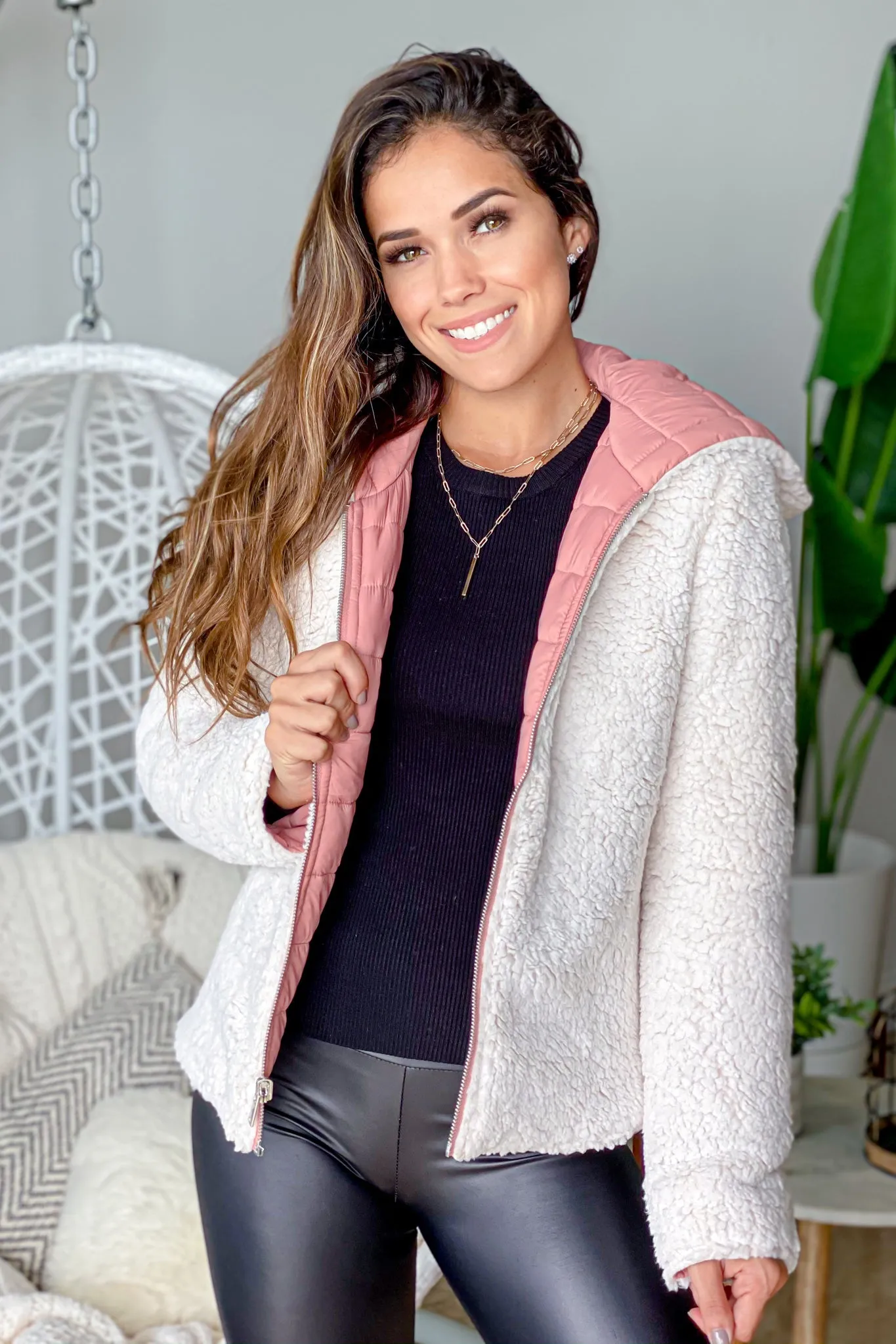 Mauve and Faux Sherpa Reversible Puffer Jacket