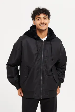 Men Black Hooded Bomber Jacket With Faux Fur