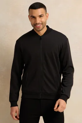 Men Black Knitted Zip Thru Bomber Jacket