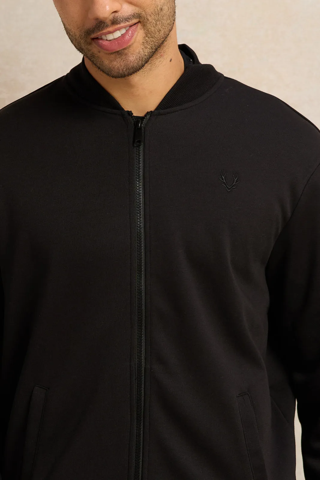 Men Black Knitted Zip Thru Bomber Jacket