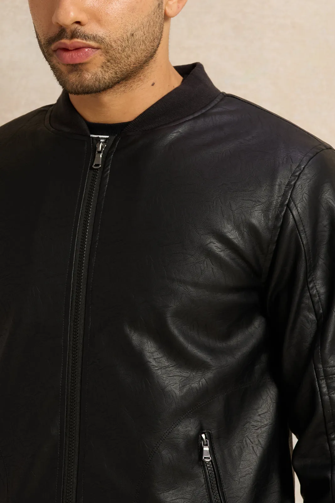 Men Black PU Bomber Jacket