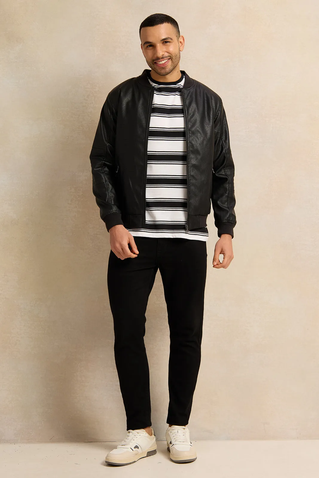 Men Black PU Bomber Jacket