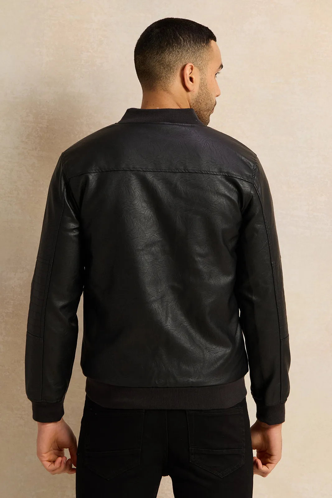 Men Black PU Bomber Jacket