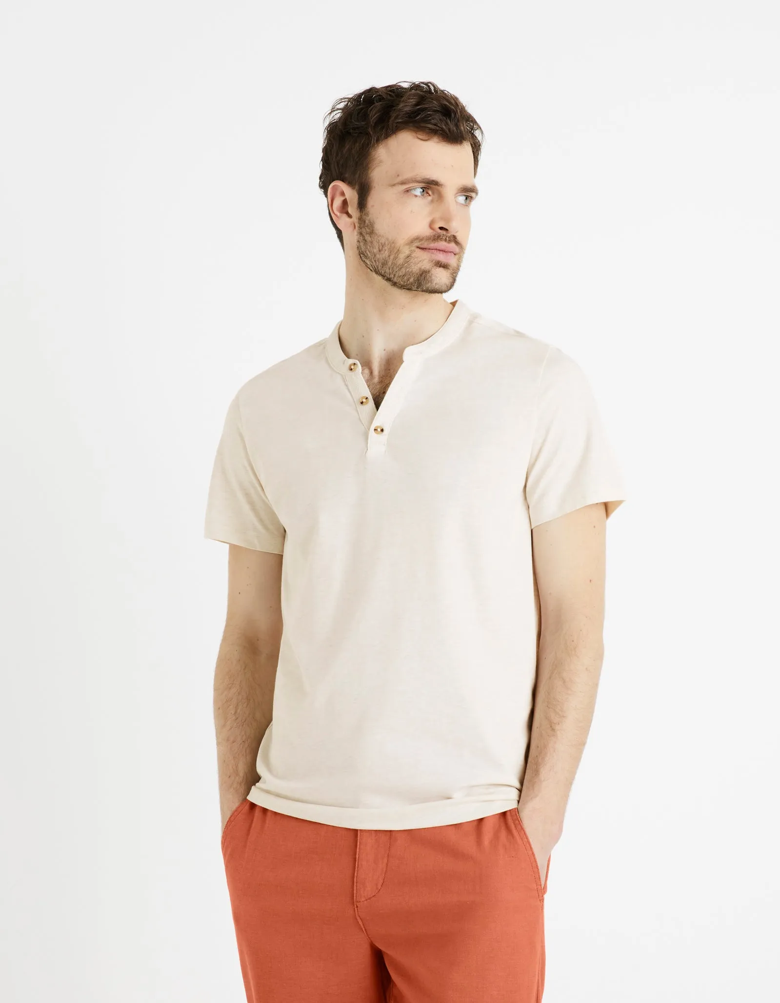 Men - Knitted - T-Shirt - Short sleeves - Henley collar