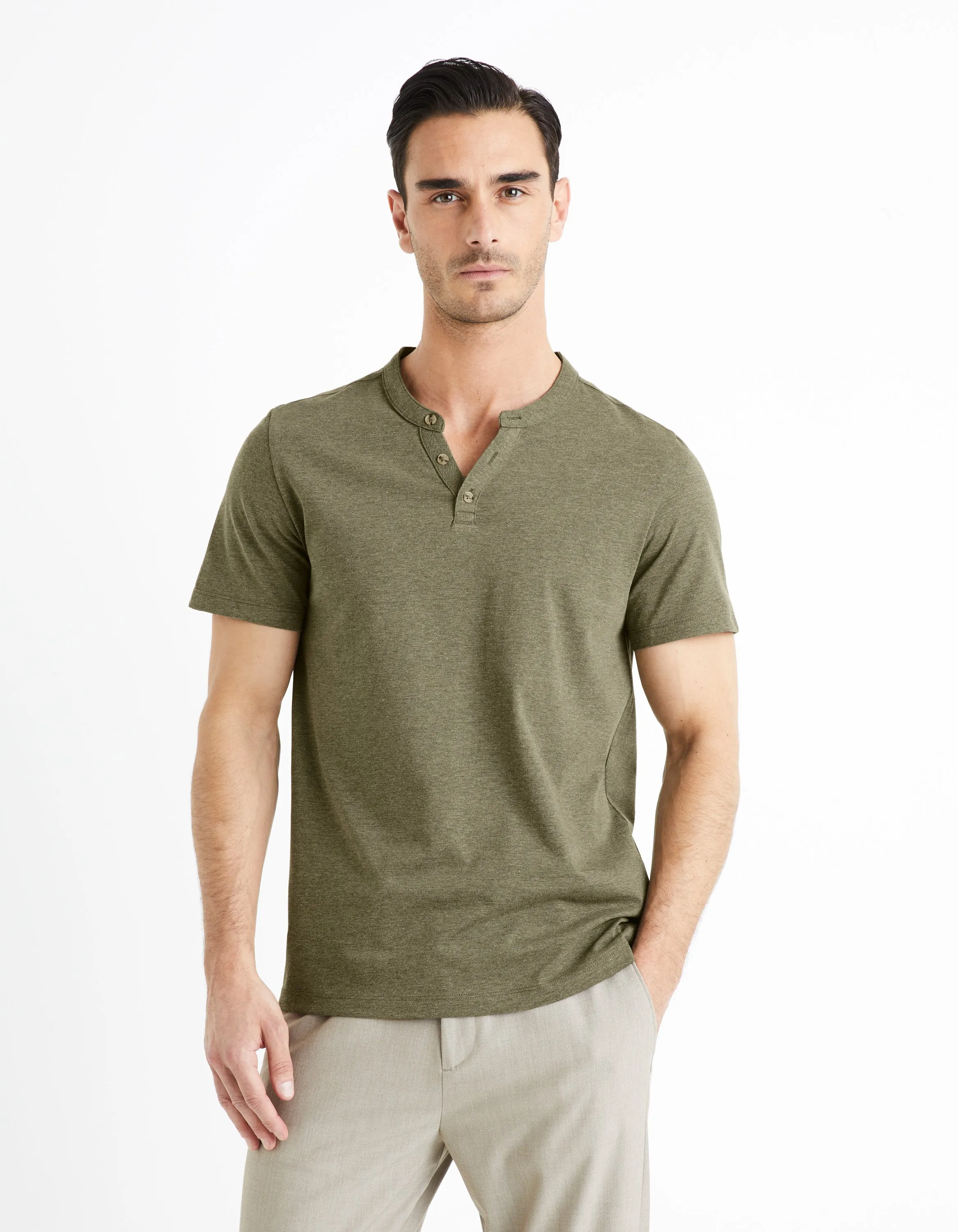 Men - Knitted - T-Shirt - Short sleeves - Henley collar