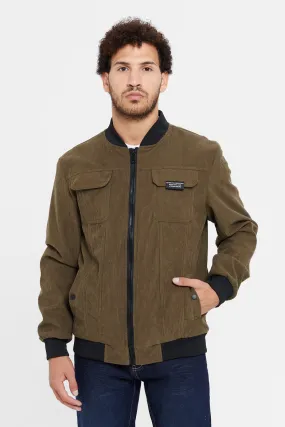 Men Olive Corduroy Bomber Jacket