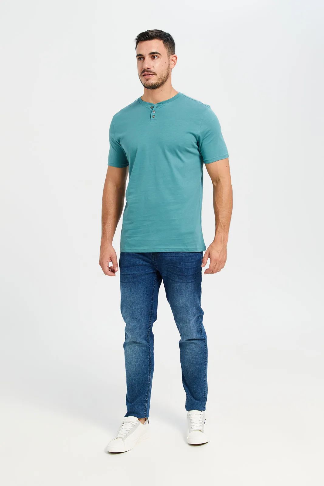 Men Teal Henley T-Shirt