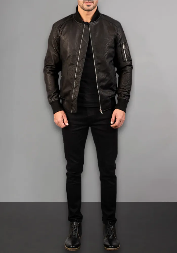 Mens Black Biker vintage Leather Bomber Jacket