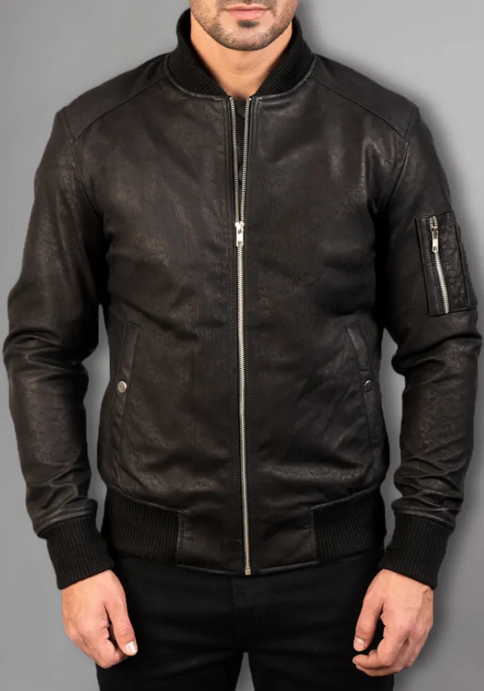 Mens Black Biker vintage Leather Bomber Jacket