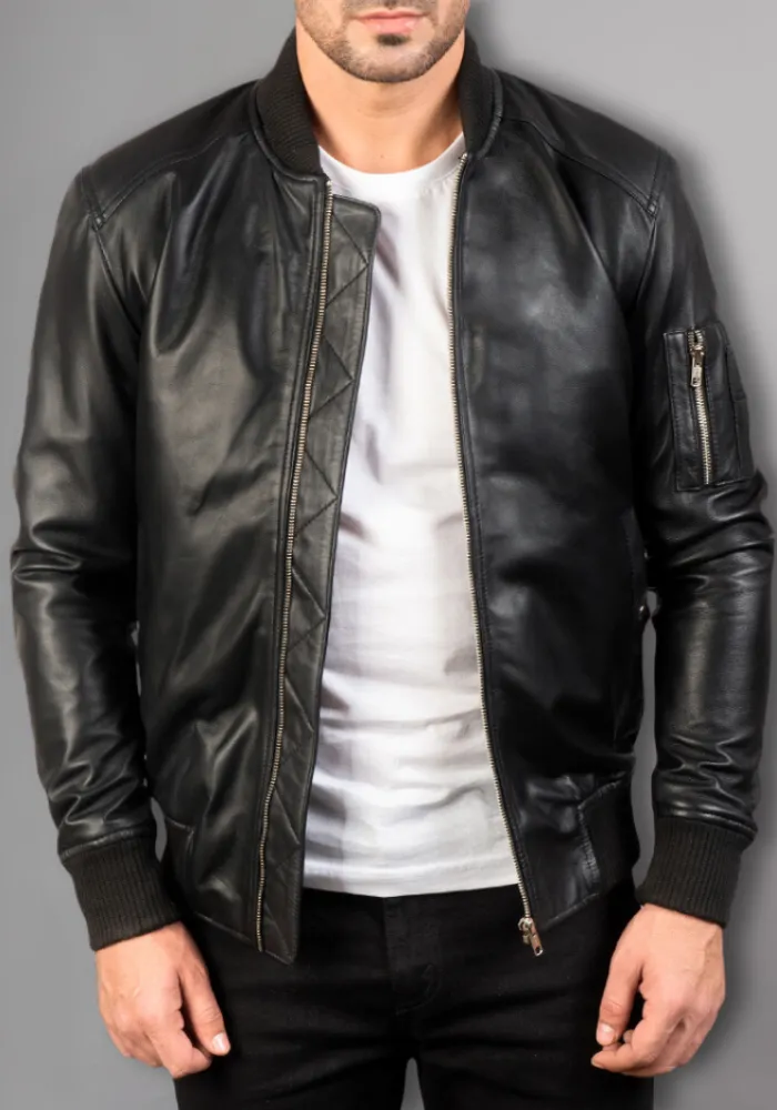 Mens Black Biker vintage Leather Bomber Jacket