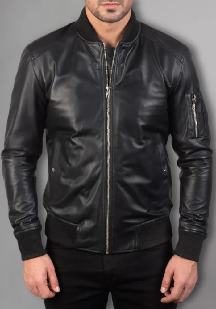 Mens Black Biker vintage Leather Bomber Jacket