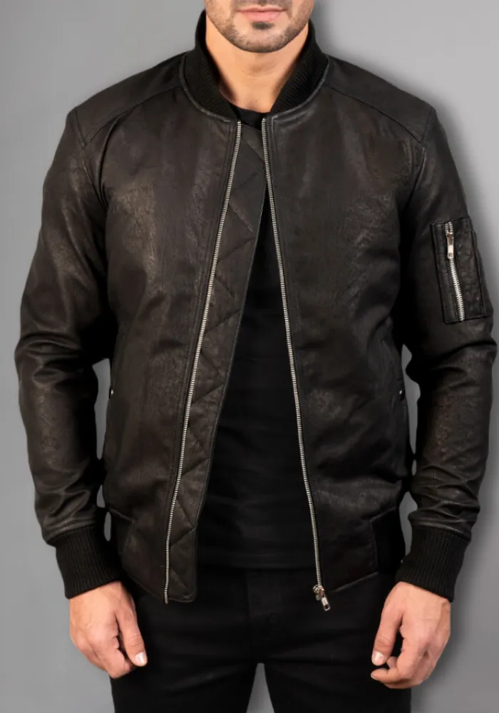 Mens Black Biker vintage Leather Bomber Jacket