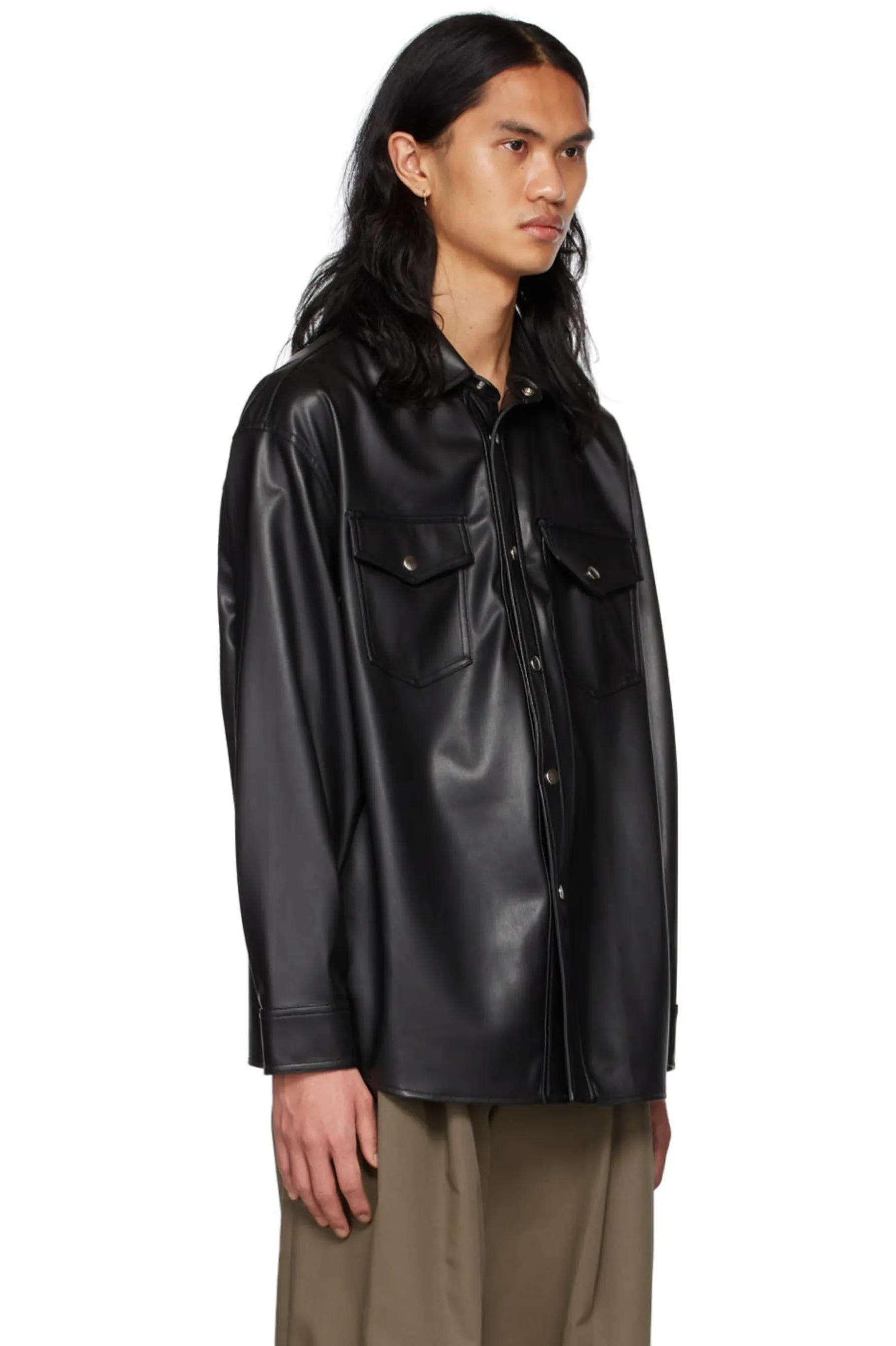 Men's Black Leather Full Sleeves Oversized Shirt