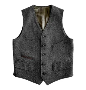 Men‘s Business Casual Single Breaste V Neck Tweed Waistcoat