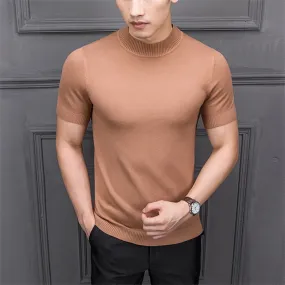 Men's Cotton T-shirt Sweater Half Turtleneck Solid Suck Sweat High Quality De Yq Clothing Knitted Casual Short Sleeve Pullover