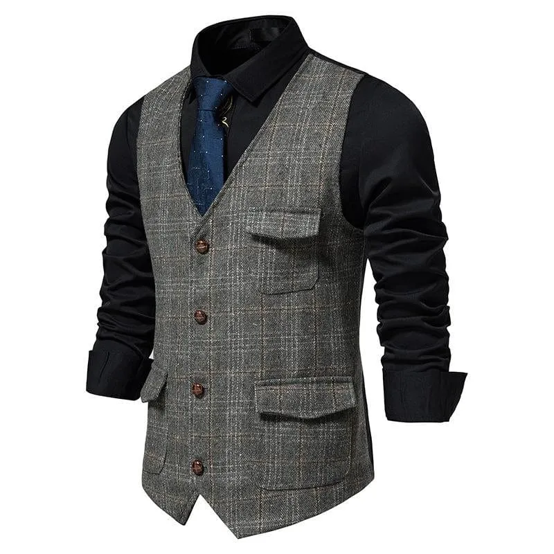 Men's Plaid Multi Pocket V Neck Vest