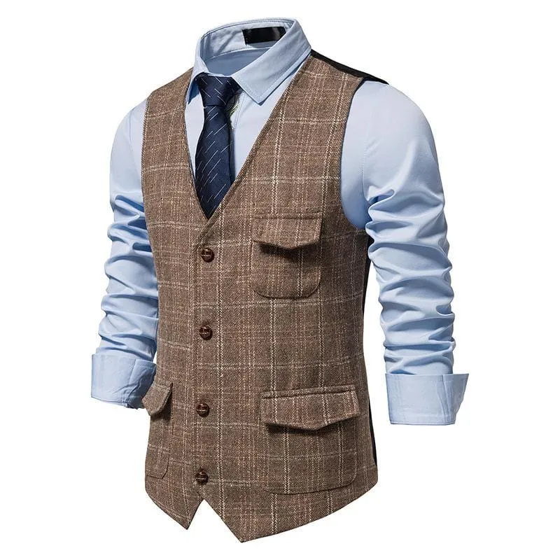 Men's Plaid Multi Pocket V Neck Vest