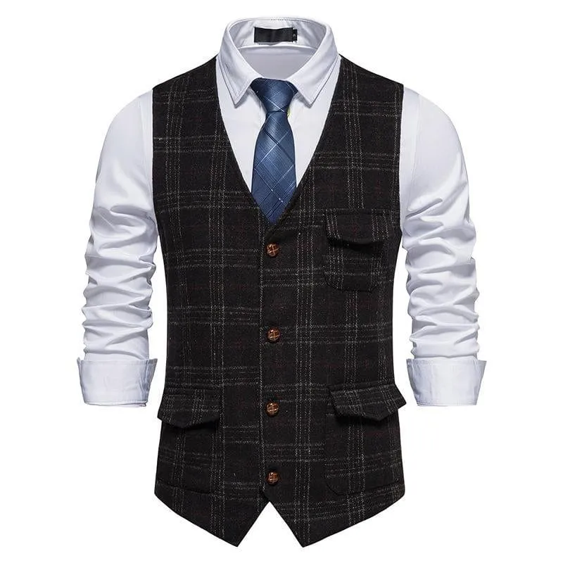 Men's Plaid Multi Pocket V Neck Vest