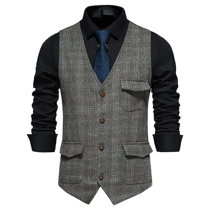 Men's Plaid Multi Pocket V Neck Vest