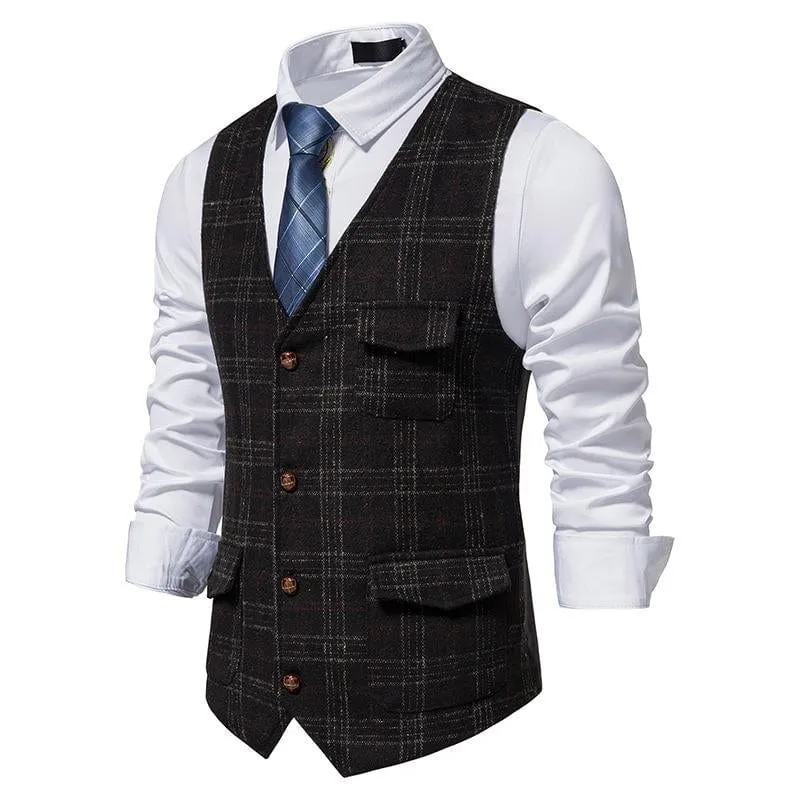 Men's Plaid Multi Pocket V Neck Vest