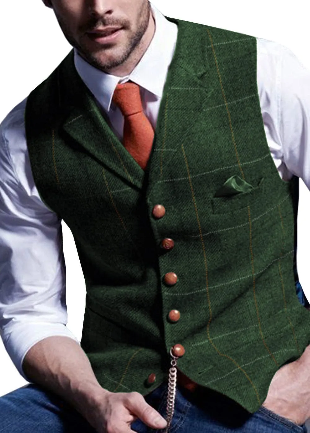 Men's Slim Fit Plaid Casual Notch Lapel Waistcoat