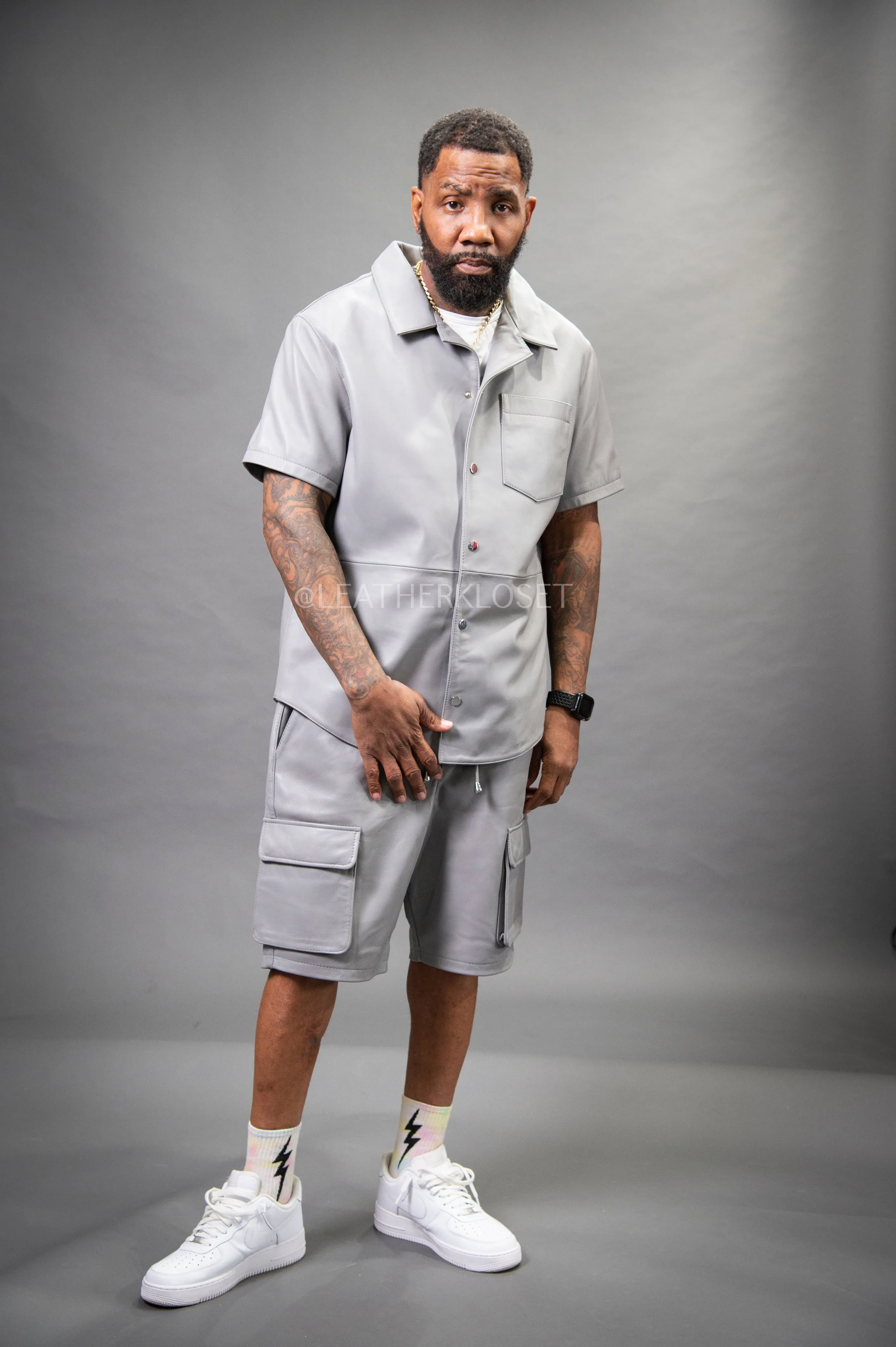 Men's Summer In Miami Leather Shirt And Cargo Shorts Set [Grey]