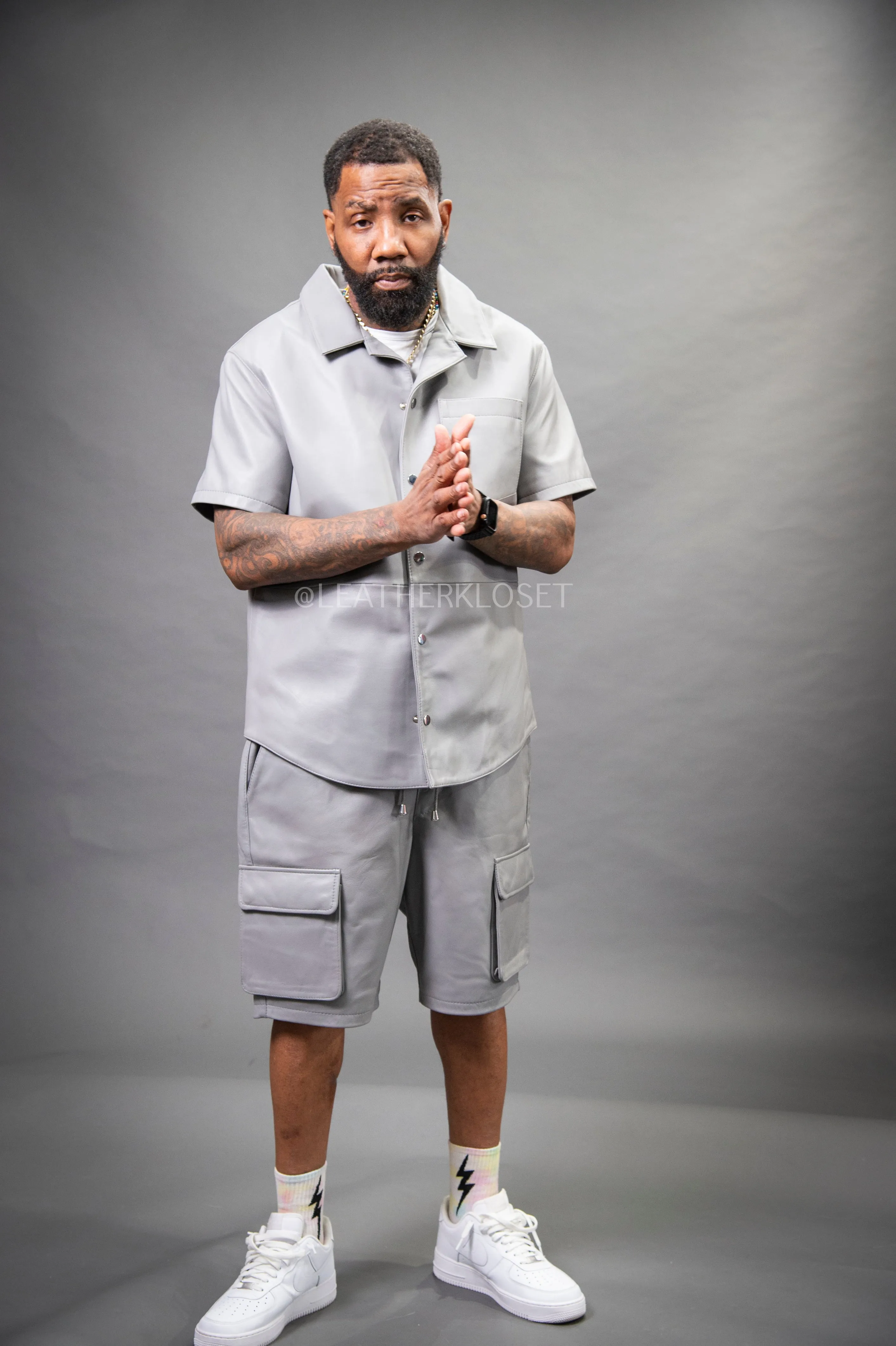 Men's Summer In Miami Leather Shirt And Cargo Shorts Set [Grey]