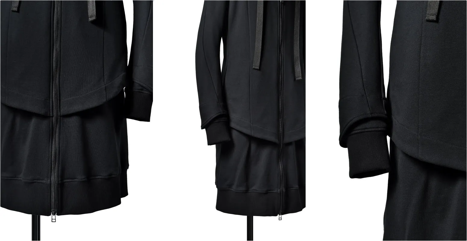 Men's SWEATER LAYER HOODED JACKET / High Neck Long Parka Asymmetric